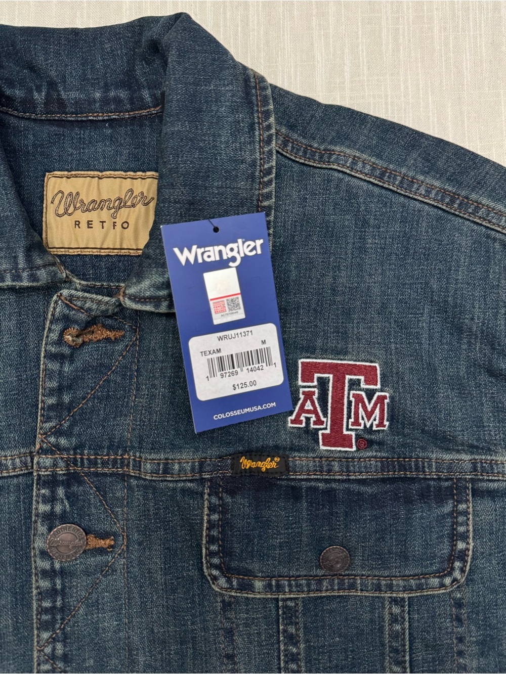 Wrangler Retro Denim Jean Jacket Texas Aggies A&M Emboridery NWT Sz M WRUJ11371